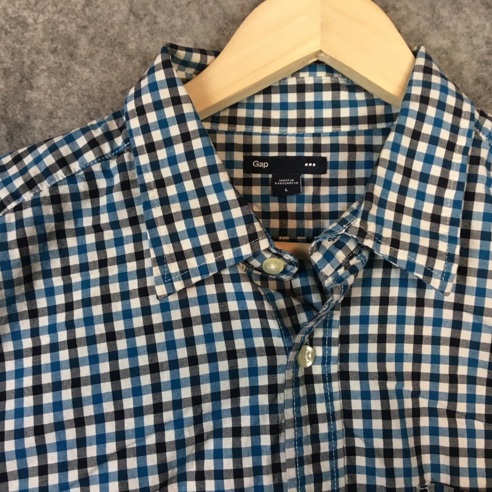 GAP Shirt L Mens Button Up 100 Cotton Long Sleeve Blue Tattersall Plaid Outlet - Picture 4 of 11